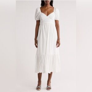 AUGUST SKY Puff Sleeve Embroidered Hem Maxi Dress white / size L